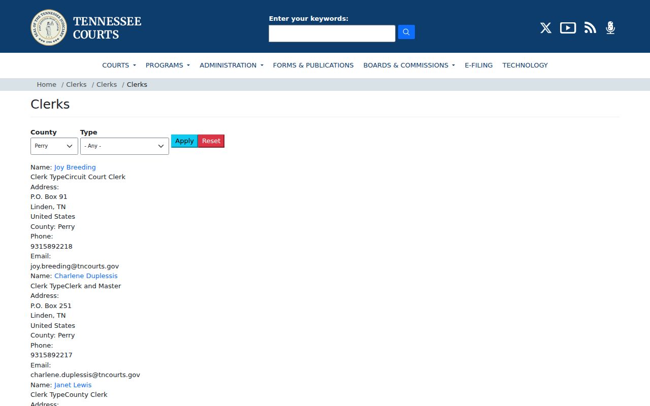 Perry County criminal court case clerk directory