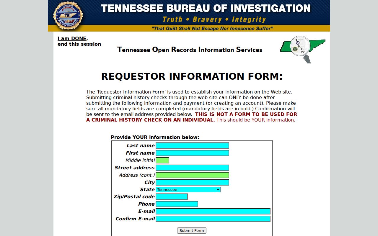 Perry County criminal record TORIS requester form